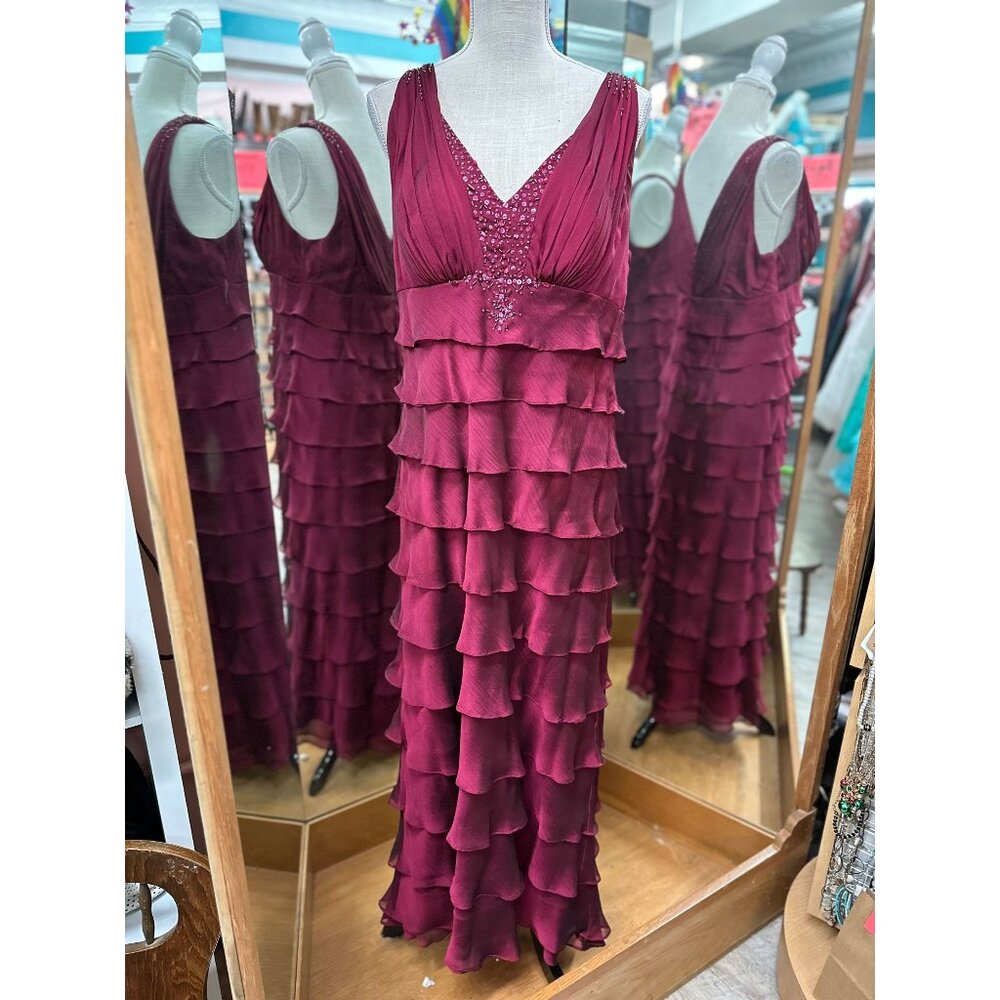 Ignite Evenings Burgundy Tiered Tank Formal Gown with Shawl in 14